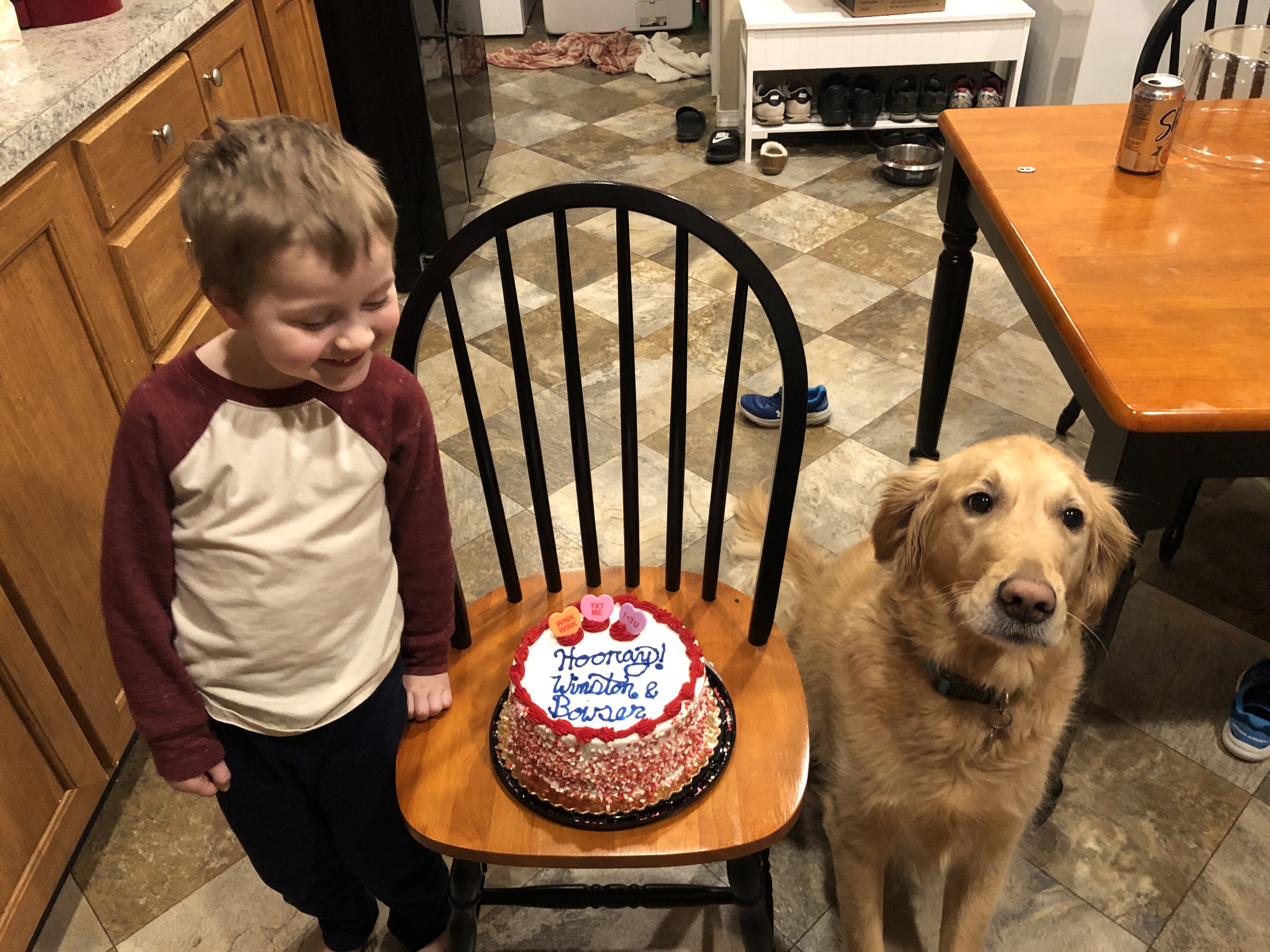 Bowser beside Winston's birthday cake