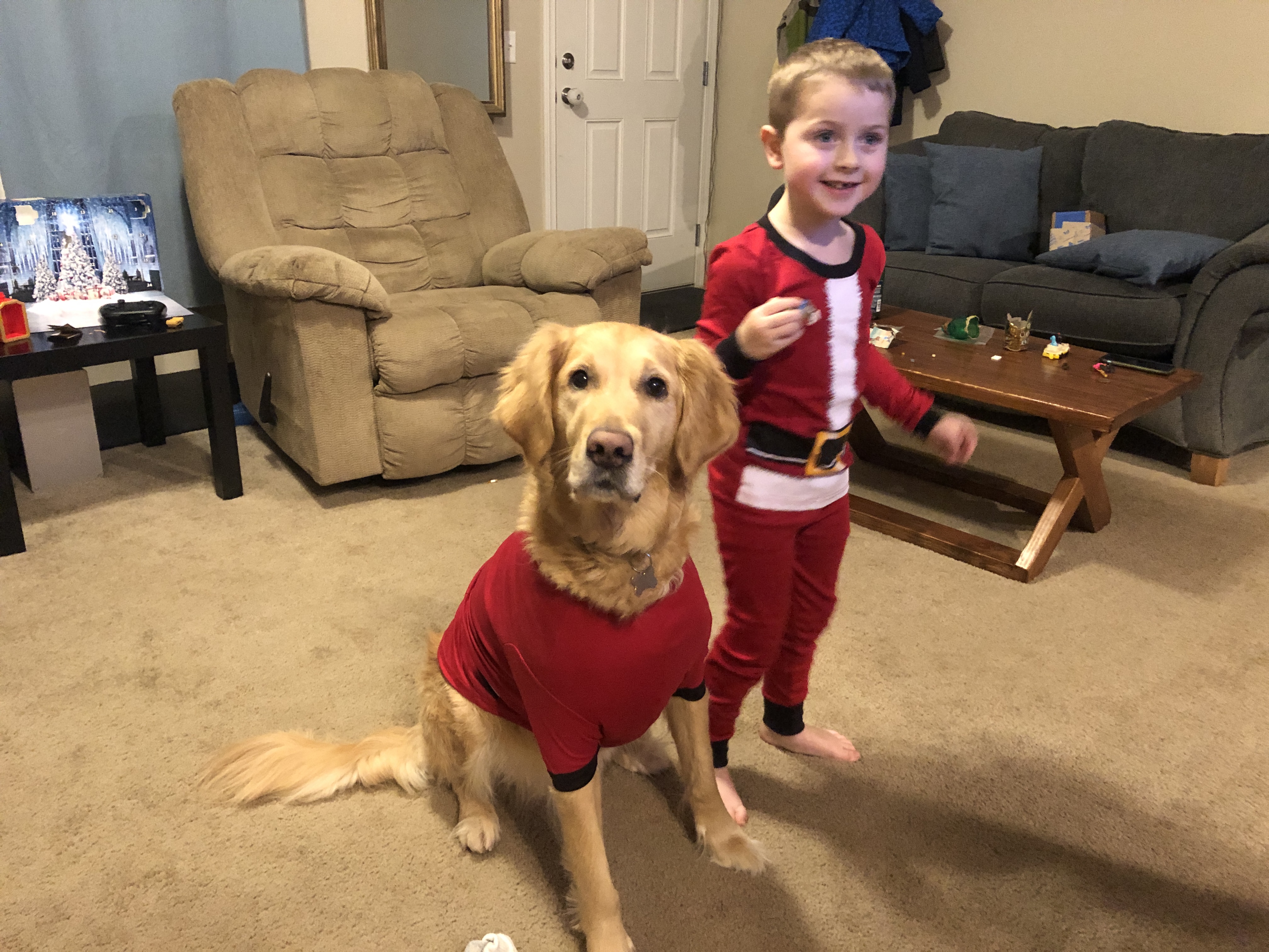 Bowser wearing a red sweater beside Winston at Christmas